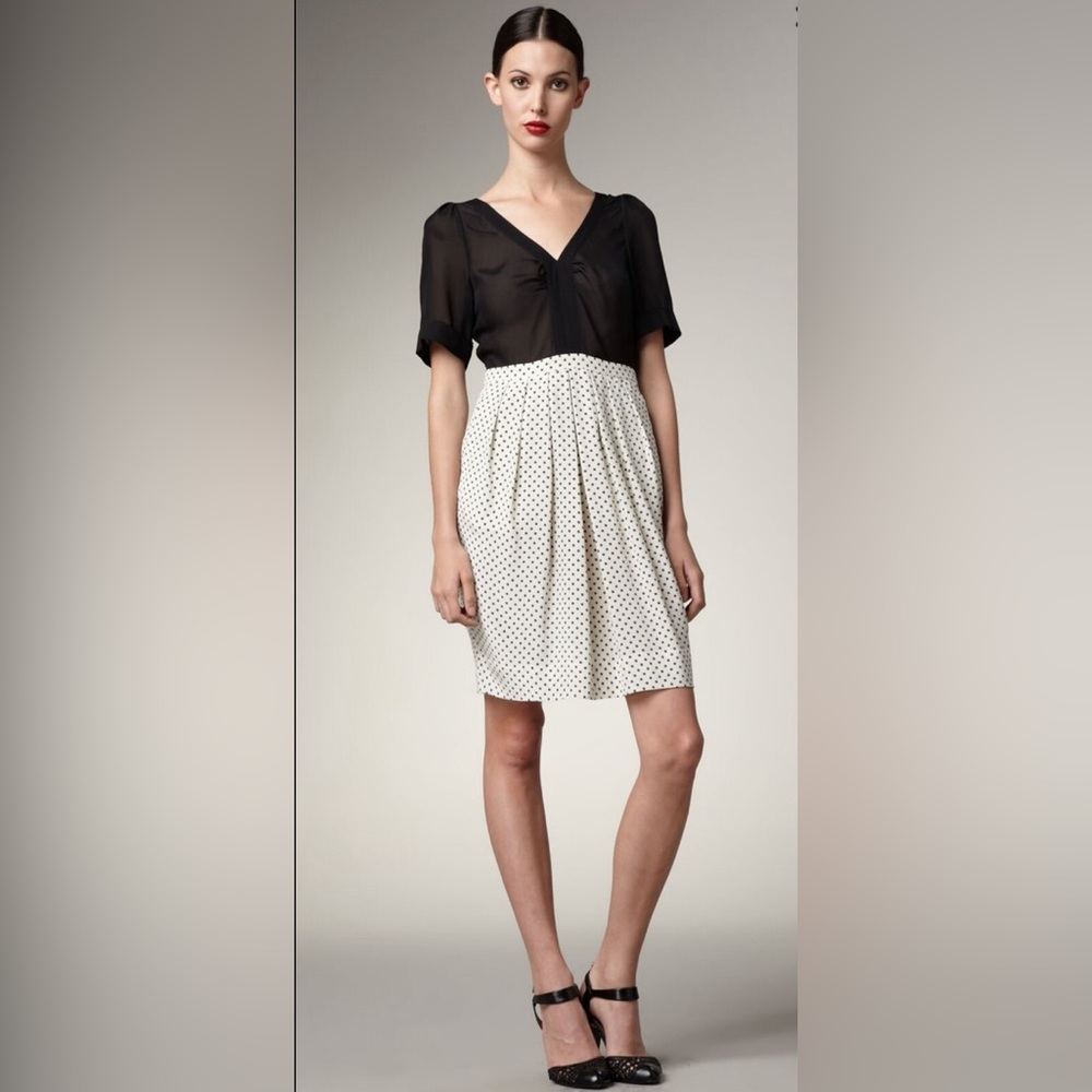 Marc Jacobs Black Ivory Polka Dot Silk Silver Birch Pleated Ruch Sleeve Dress